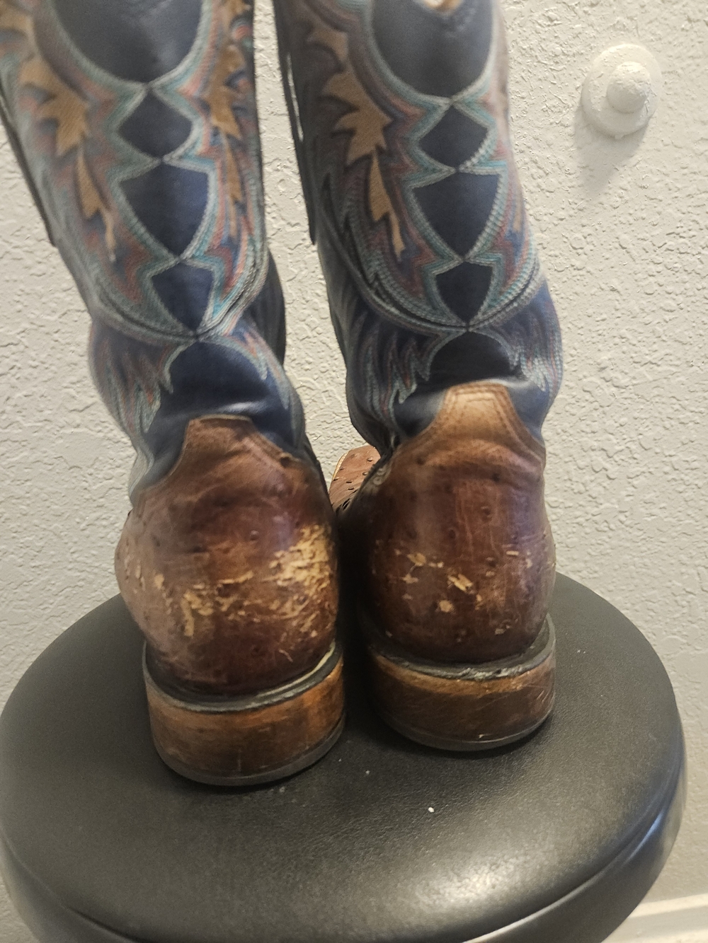 Tony Lama Brown Ostrich Leather with Blue Embroidered Shaft Cowboy Boots - Picture 8 of 9